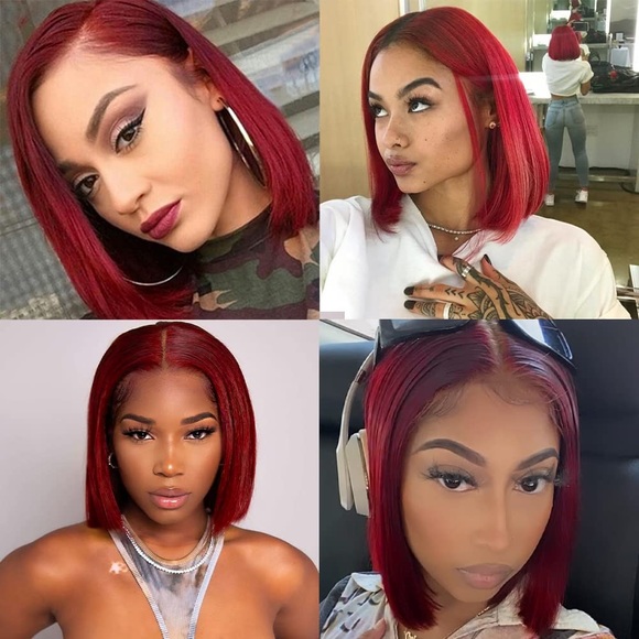 HUMAN HAIR Brazilian Burgundy Lace Frontal 13x4 Bob Wig PrePlucked Hairline 10” - Picture 6 of 12